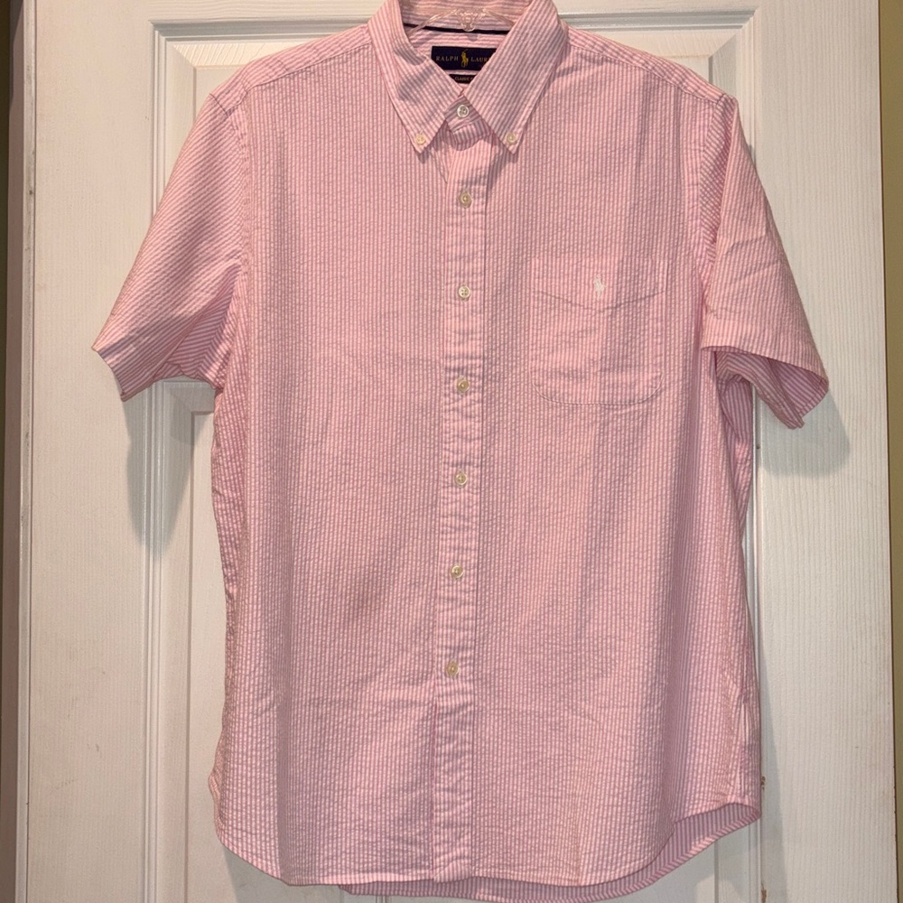 Ralph Lauren Pink Seersucker Short Sleeve Button-Down Shirt